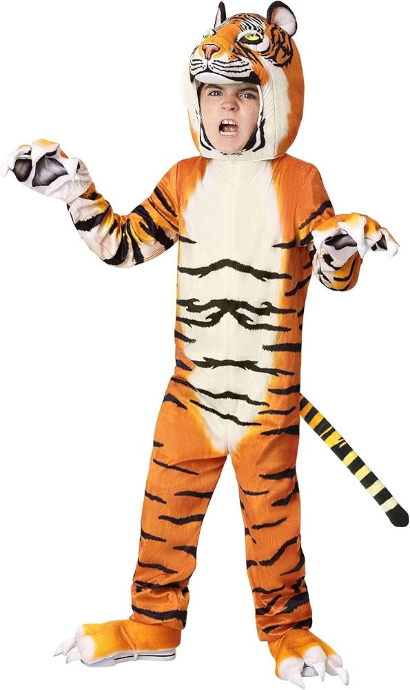 Fun Costumes Kids Realistic Jungle Tiger Costume, Striped Plush Big Cat Jumpsuit for Children Sma... | Amazon (US)