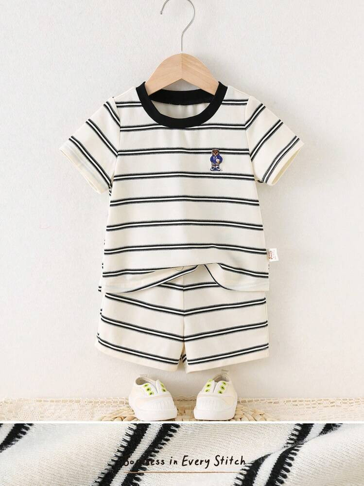 Cozy Pixies 2pcs/Set Baby Boy Cartoon Bear Print Colorblock Stripe Crew Neck Short Sleeve Top And Elastic Waist Shorts Outfit | SHEIN