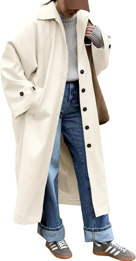 Tankaneo Womens Long Trench Coat Single Breasted Oversized Windproof Classic Lapel Fall Overcoat | Amazon (US)