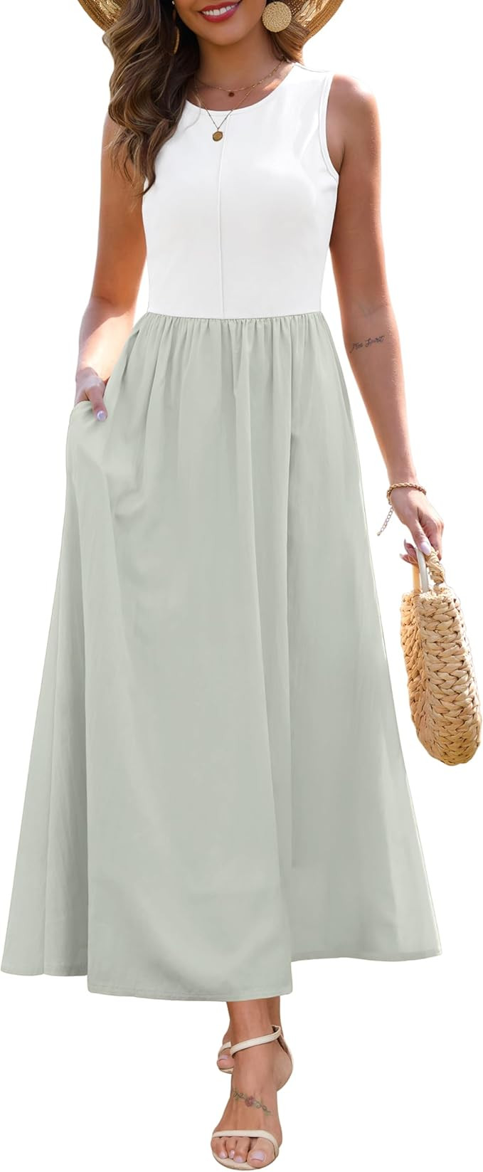 Zattcas Women's Summer Casual Sleeveless Patchwork Knit Crew Neck Tank Top Flowy Long Maxi Dresse... | Amazon (US)