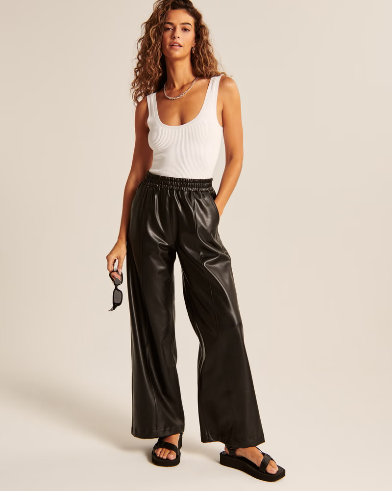 Vegan Leather Pull-On Wide Leg Pants | Abercrombie & Fitch (US)