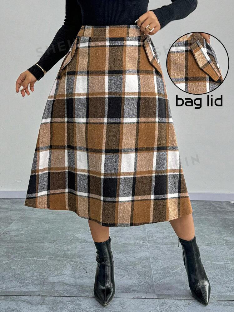 SHEIN Essnce Plaid Print Side Pocket A-Line Plus Size Women Elegant Skirt, Autumn/Winter | SHEIN ... | SHEIN