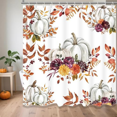 ibelief Fall Shower Curtain, Thanksgiving Autumn Bathroom Shower Curtains Set with 12 Hooks, Harvest Pumpkin and Maple Leaf Decor, Durable Waterproof Polyester Fabric 72x72 Inches (White) | Amazon (US)