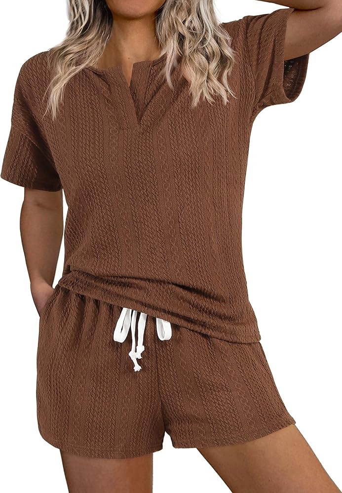 Ekouaer Ribbed Knit Lounge Sets for Women 2 Piece Outfits Short Sleeve Top and Shorts Pajama Sets... | Amazon (US)