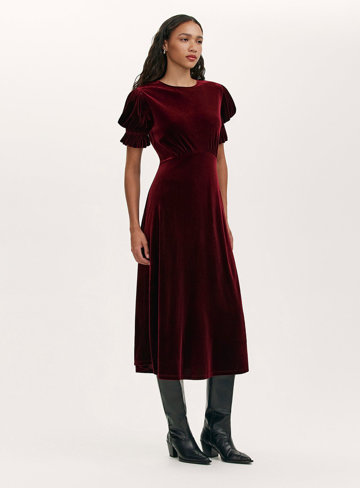 Red FINERY Mela Velvet Dress Burgundy | Tu Clothing