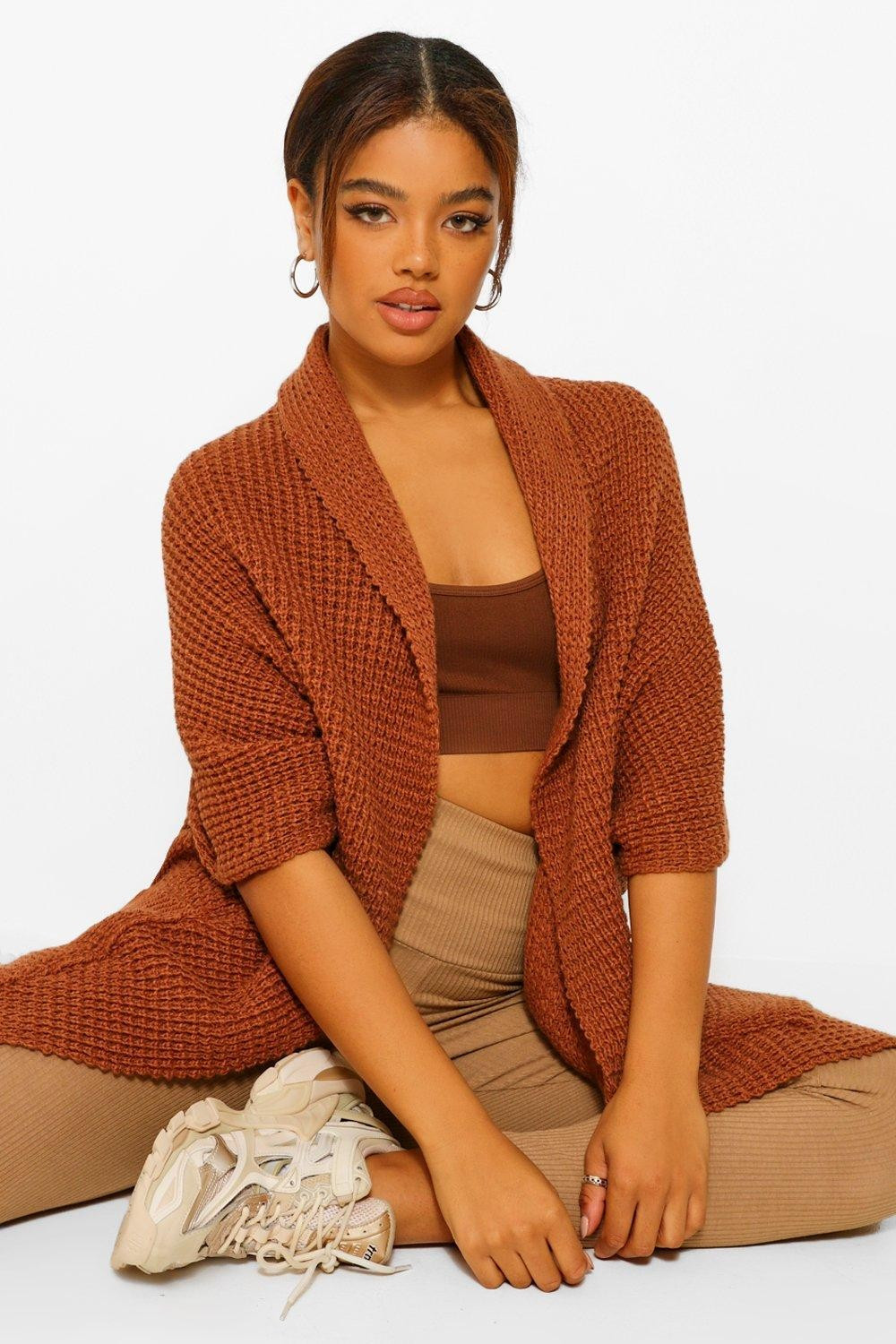 Womens Chunky Knit Collar Midi Cardigan - Brown - S | Boohoo.com (US & CA)