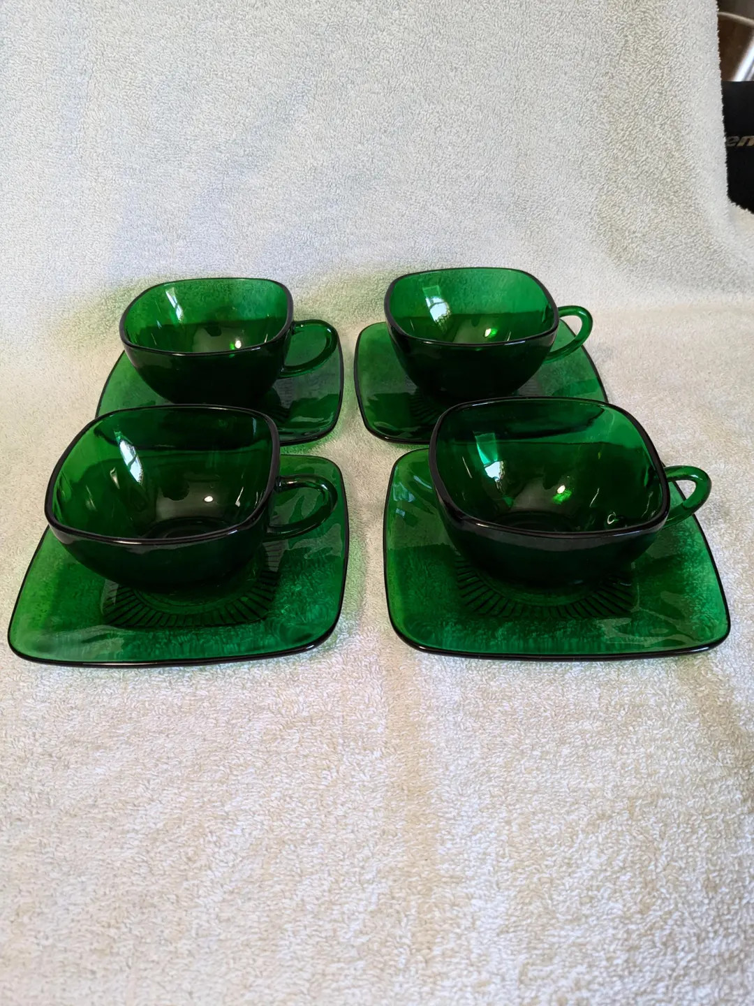 Vintage Anchor Hocking Emerald Green Coffee Cups With Saucers. Square Fire King. Set of 4 - Etsy | Etsy (US)