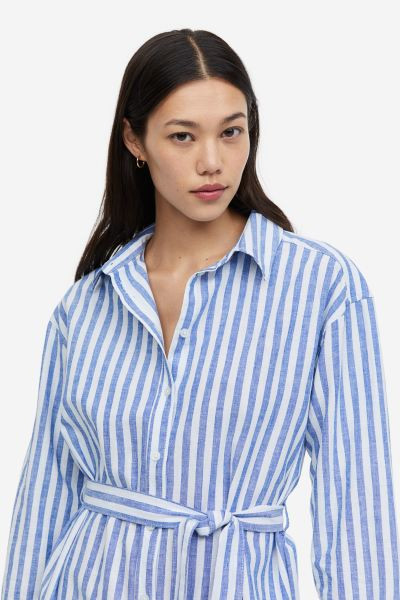 Linen-blend Shirt Dress - Blue/striped - Ladies | H&M US | H&M (US + CA)