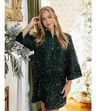 J.Marie Alli Sequin Banded Button-Up Collar Long Sleeve Shift Mini Dress | Dillard's | Dillard's