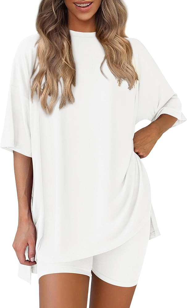 PRETTYGARDEN Women 2 Piece Lounge Set 2026 Summer Casual Oversized Shirts Biker Shorts Matching A... | Amazon (US)