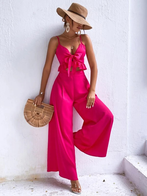 Knot Front Peplum Cami Top & Wide Leg Pants | SHEIN