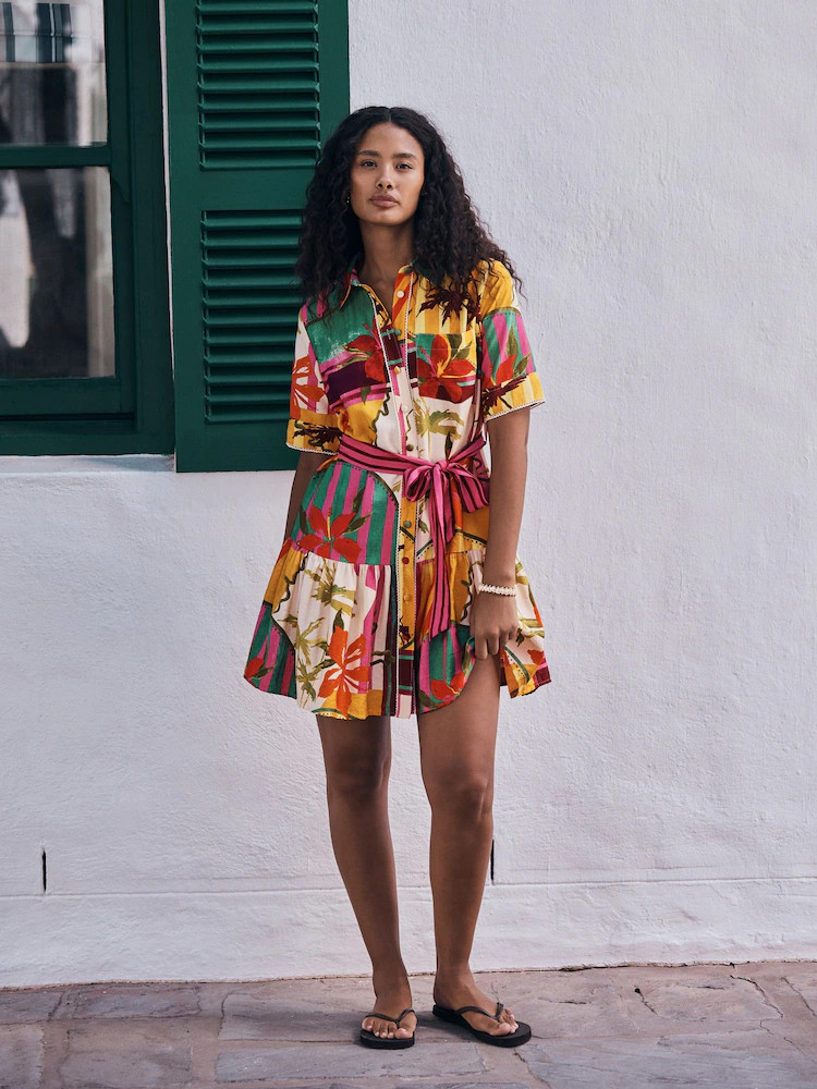 Multi Tropical Print Short Sleeve Tie Waist Shirt Dress | Next US