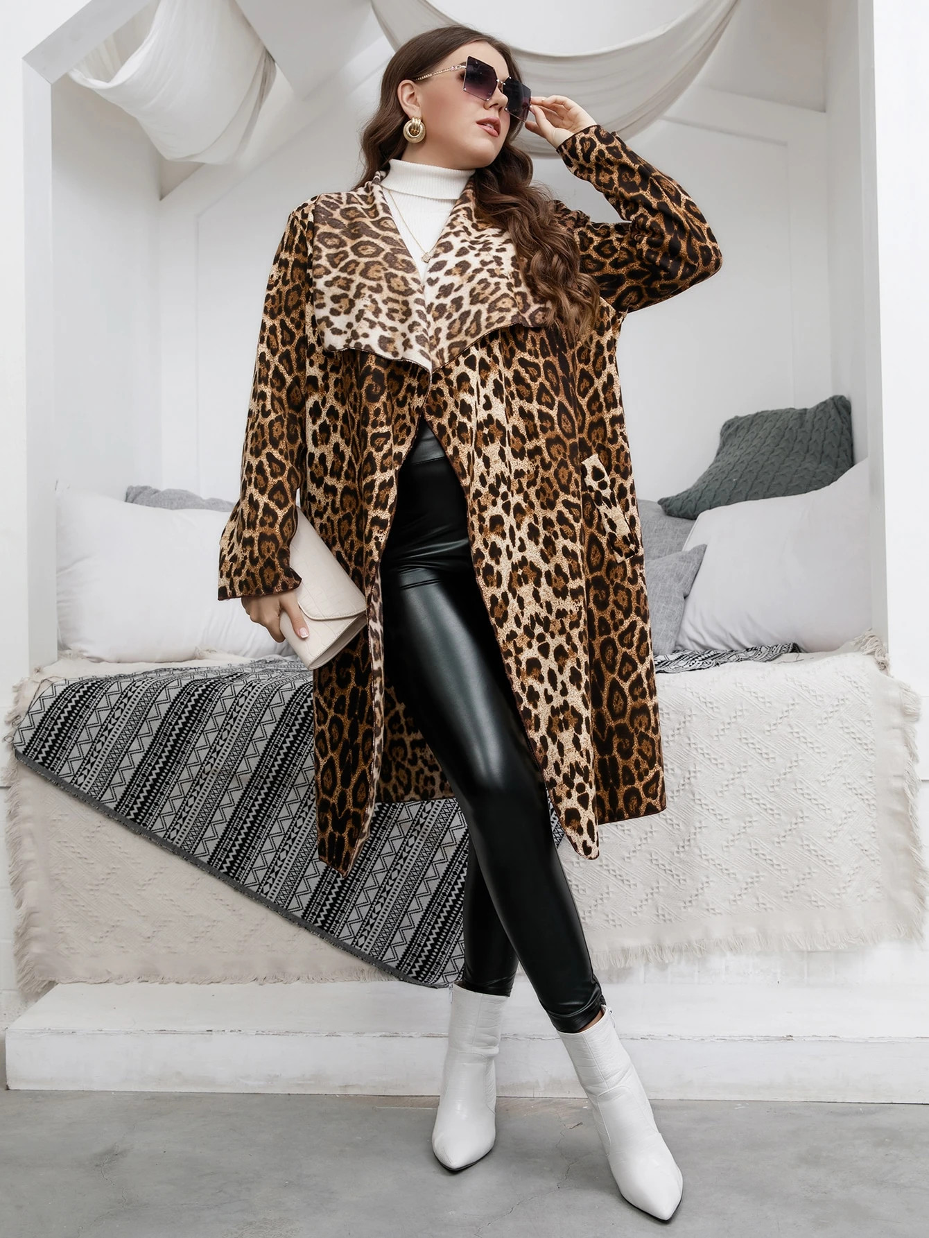 Plus Leopard Print Waterfall Collar Open Front Coat Without Belt | SHEIN