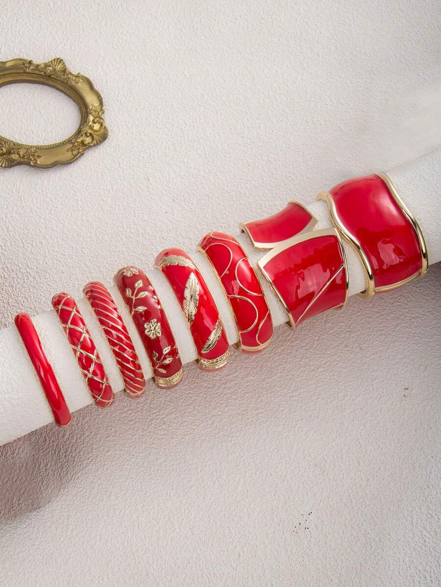 A European And American INS Geometric Wide Red Enamel Open Elastic Bracelet, Versatile And Suitab... | SHEIN