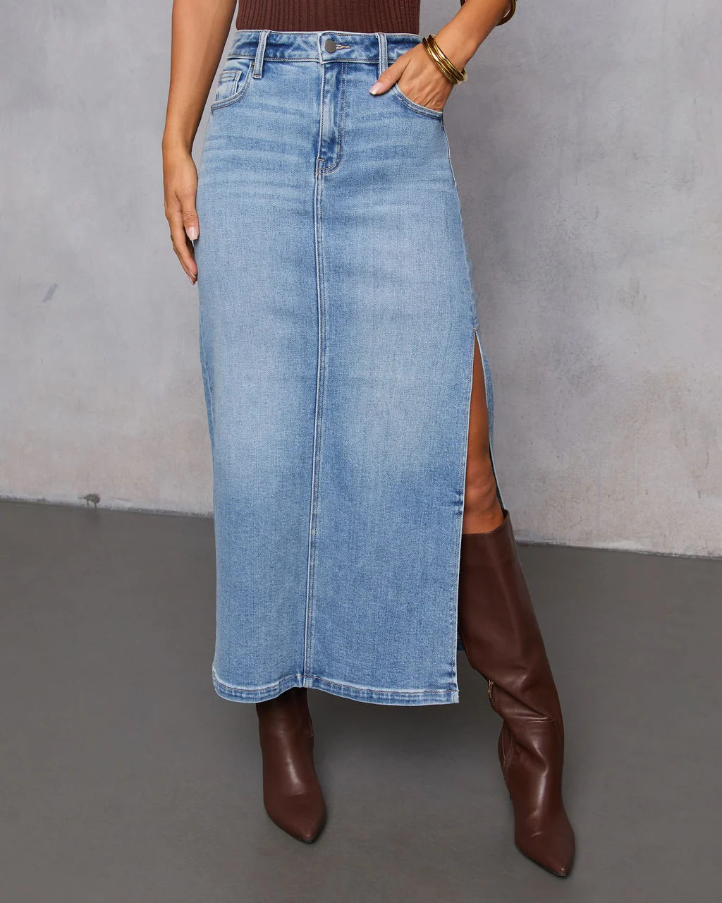 Chic Side Slit Denim Midi Skirt | VICI