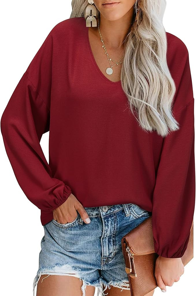 STYLEWORD Women's Chiffon Casual Blouse V Neck Long Lantern Sleeve Shirt Basic Lightweight Keyhol... | Amazon (US)