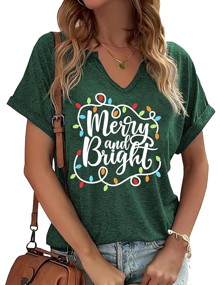Christmas Shirts Women Merry Christmas Letter T-Shirt Christmas Graphic Shirt Xmas Holiday Casual... | Amazon (US)