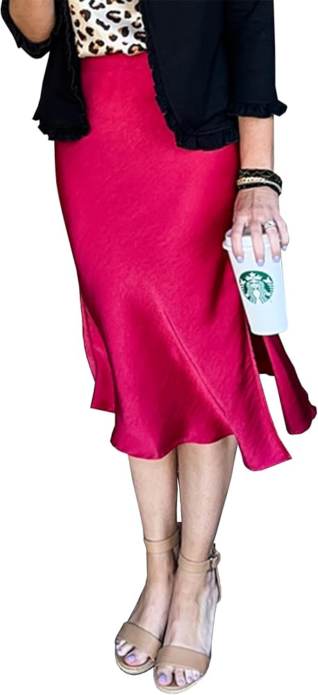 ALCEA ROSEA Women High Waist Silky Satin Midi Skirt Elastic Waist A Line Skirt with Slit | Amazon (US)