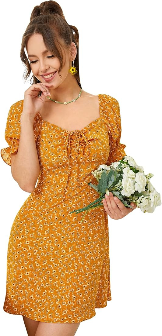 Floerns Women's Summer Drawstring Sweetheart Neck Puff Sleeve A Line Short Dress | Amazon (US)