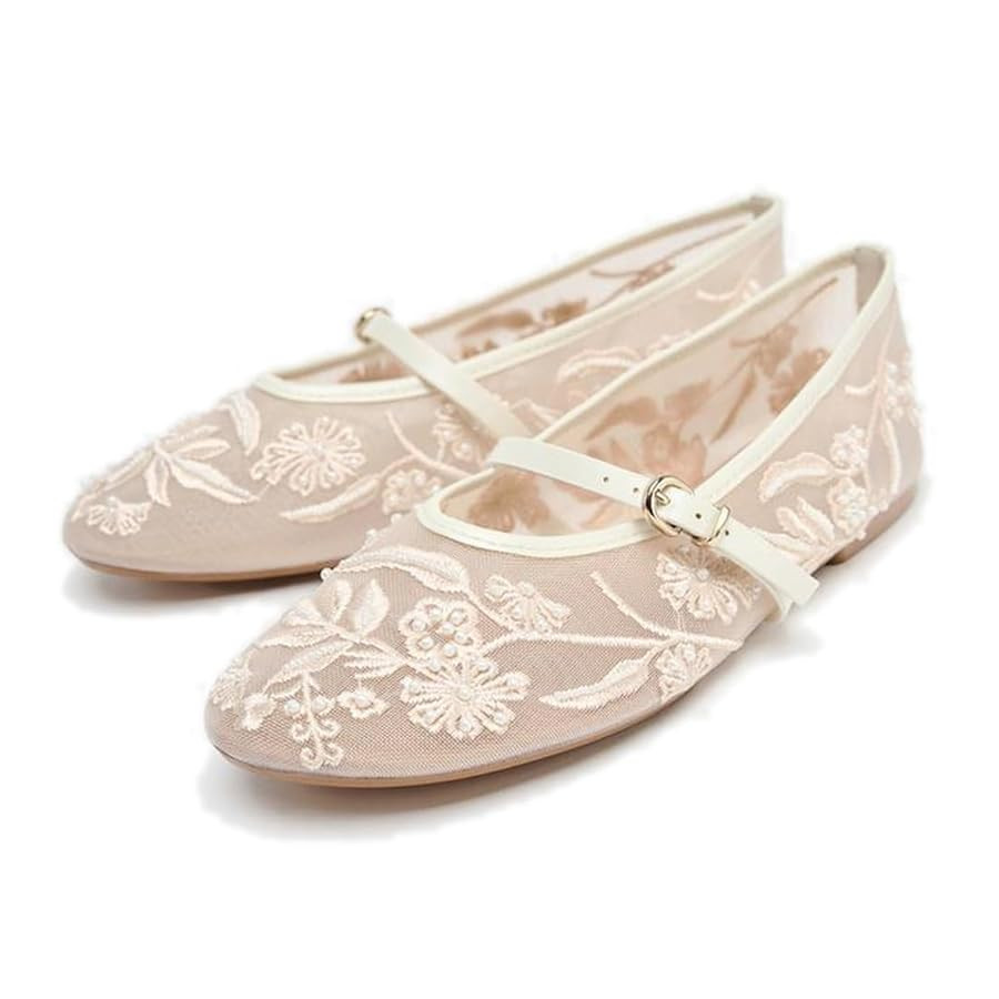Mesh Ballet Flats for Women Embroidered Floral Mary Jane Flats Round Toe Slip On Ballerina Shoes ... | Amazon (US)
