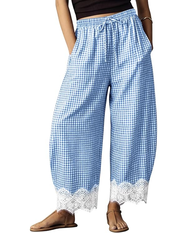Womens Lace Hem Gingham Barrel Pants Wide Leg Elastic Drawstring Waist Lounge Pants Plaid Trouser... | Amazon (US)