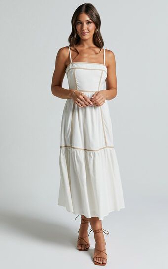 Chanika Midi Dress - Straight Neck Sleeveless Tiered Dress in White with Beige Contrast | Showpo (US, UK & Europe)
