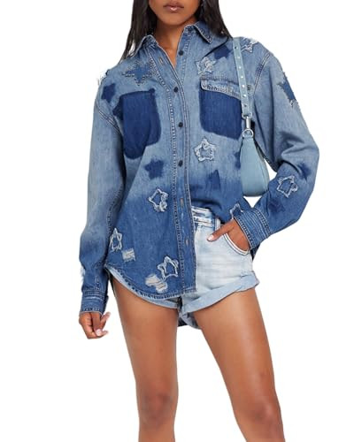 Women's Button Down Denim Shirt Long Sleeve V Neck Casual Tops Boyfriend Oversized Jean Jacket wi... | Amazon (US)