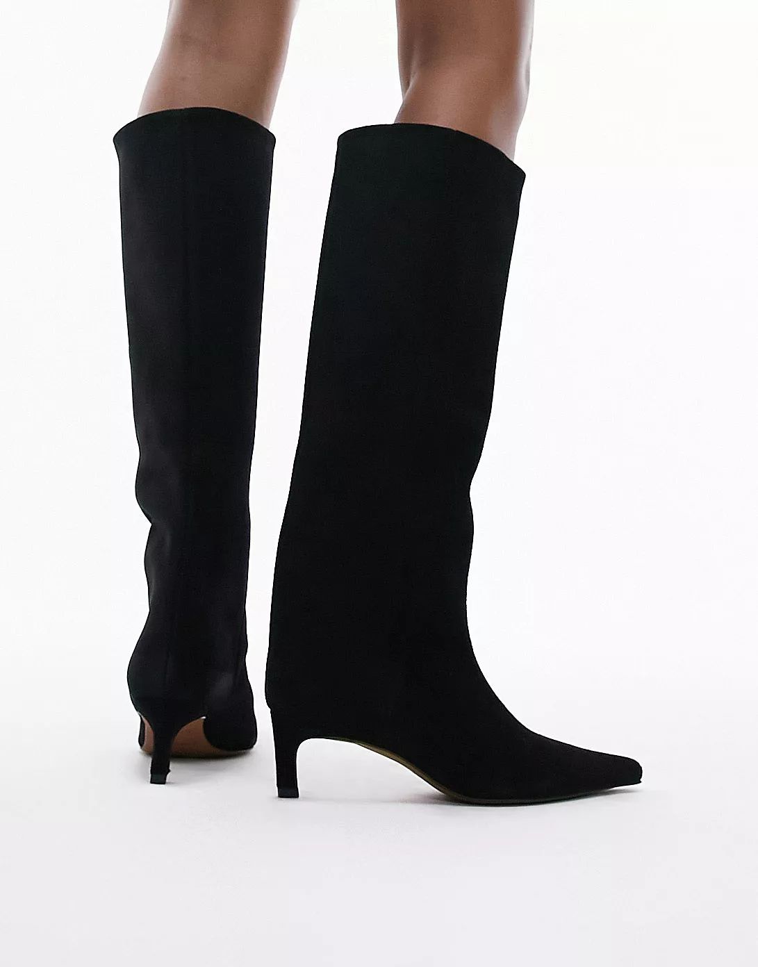 Topshop Tara premium suede mid heel pointed knee boot in black suede | ASOS (Global)