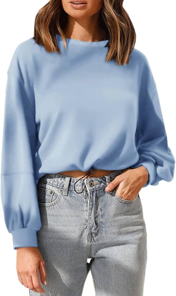 Women's Crewneck Cropped Sweatshirt Fashion Balloon Long Sleeve Drawstring Lightweight Pullover T... | Amazon (US)
