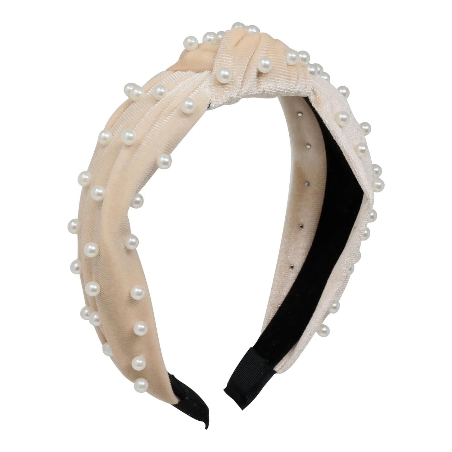yueton Women Faux Pearl Headbands Twisted Cross Knot Velvet Headbands Elegant Bling Hair Band Hai... | Amazon (US)
