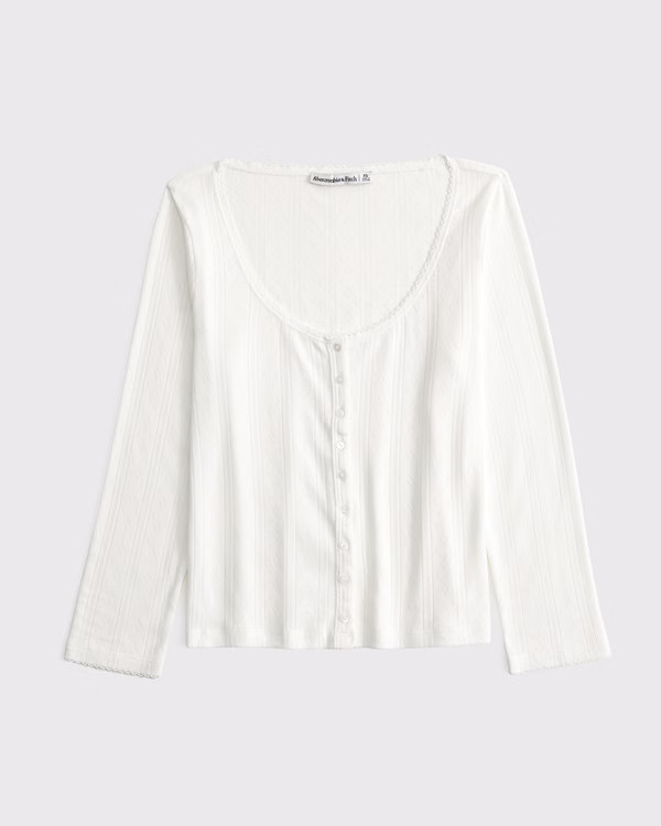 3/4 Sleeve Pointelle Button Through Top | Abercrombie & Fitch (US)