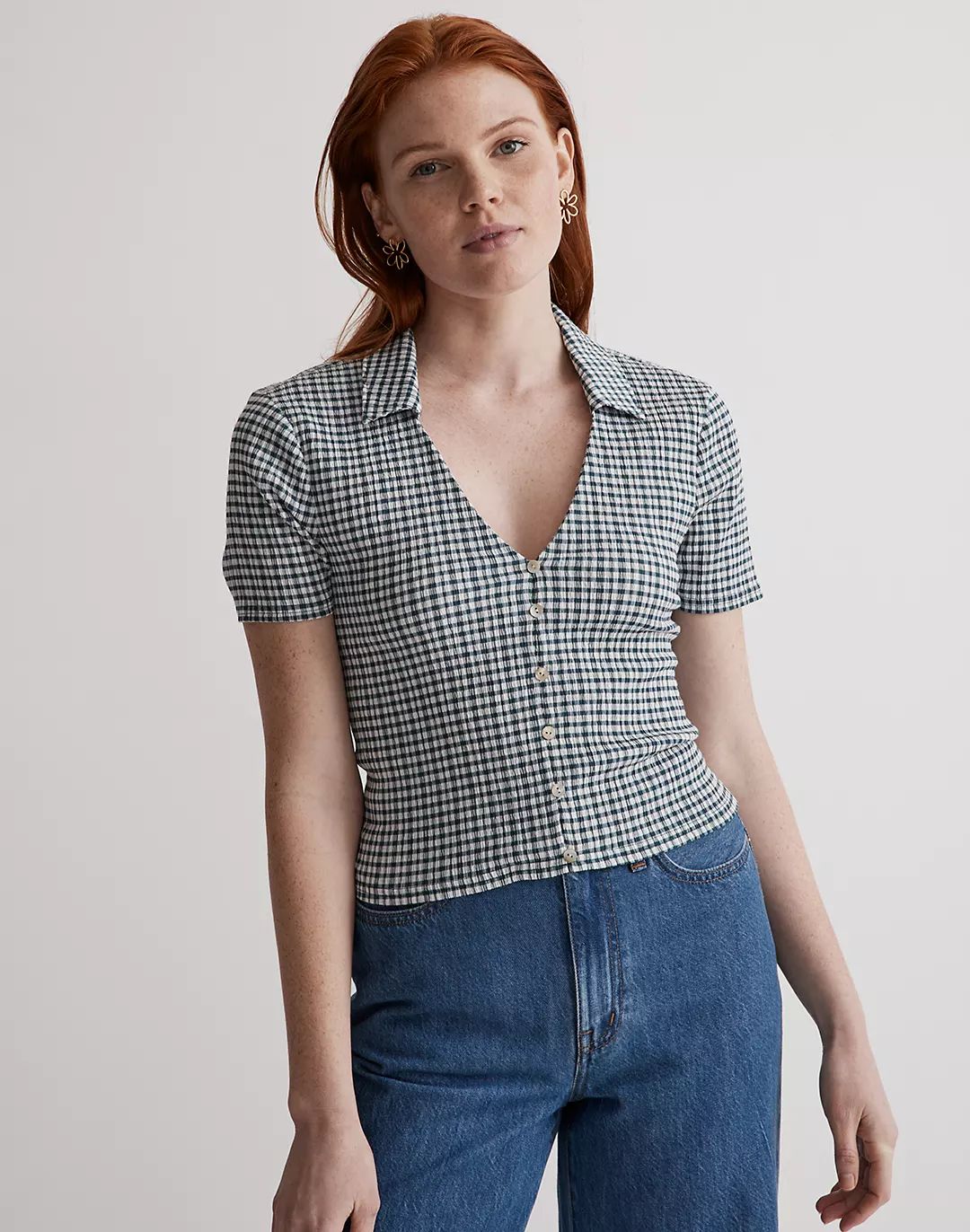 Crinkled Y-Neck Button-Down Shirt in Plaid | Madewell