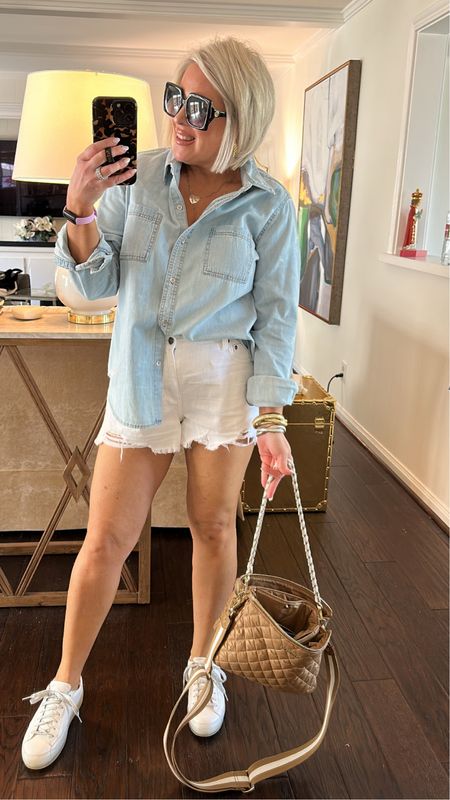 Look of the day wearing last years denim shirt. Linked other options. 

Button up shirts 
White shorts with elastic waist - wearing large 

#LTKGiftGuide #LTKFind #LTKFestival