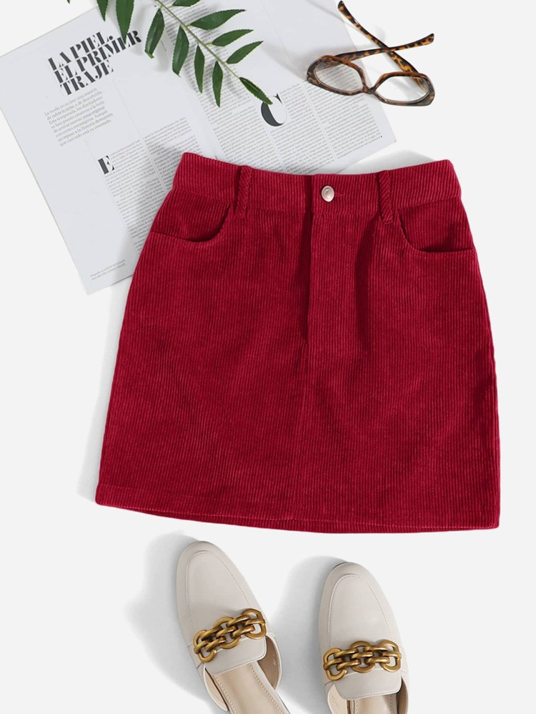 SHEIN Corduroy Dual Pockets Straight Mini Skirt | SHEIN
