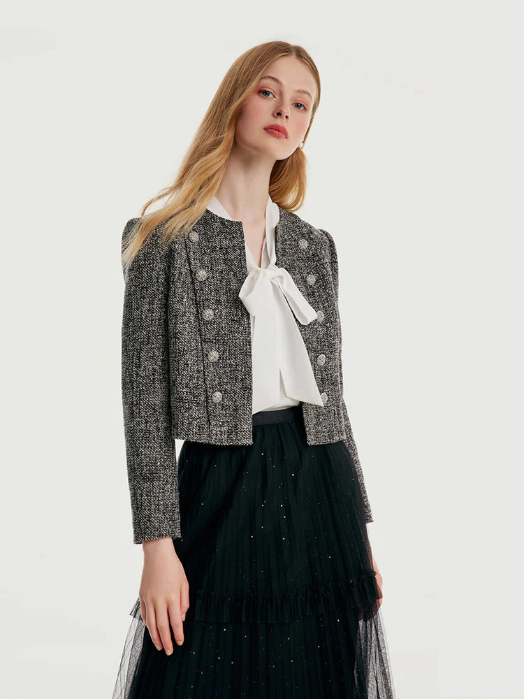Tweed Double-Breasted Women Crop Jacket - Black / S | GOELIA