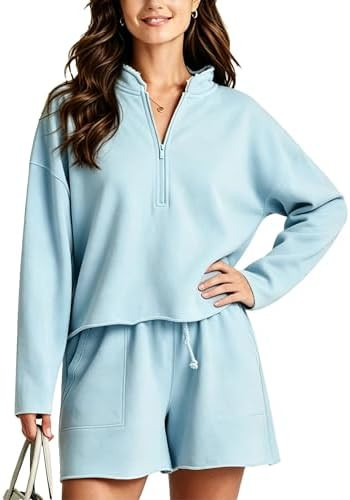 Bozanly Two Piece Outfits for Women Trendy Long Sleeve Tops Shorts Set | Amazon (US)