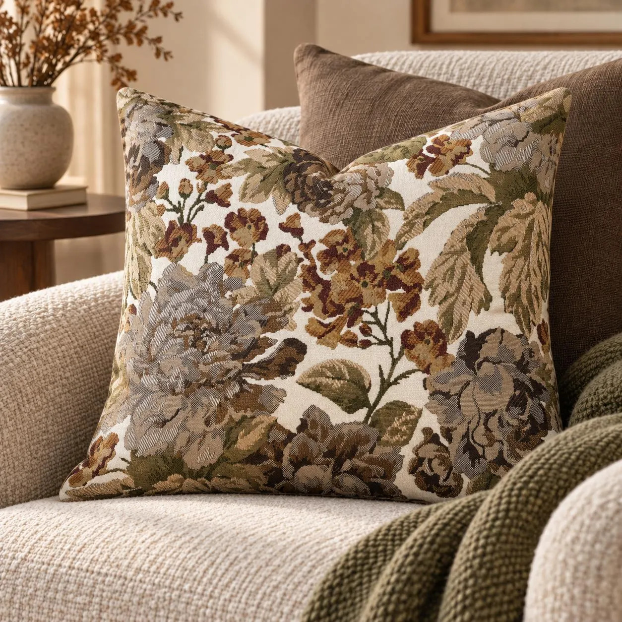 Neutral Floral Tapestry Pillow Cover, Woven Jacquard Cushion, Cottagecore Home Decor | Etsy (Global)