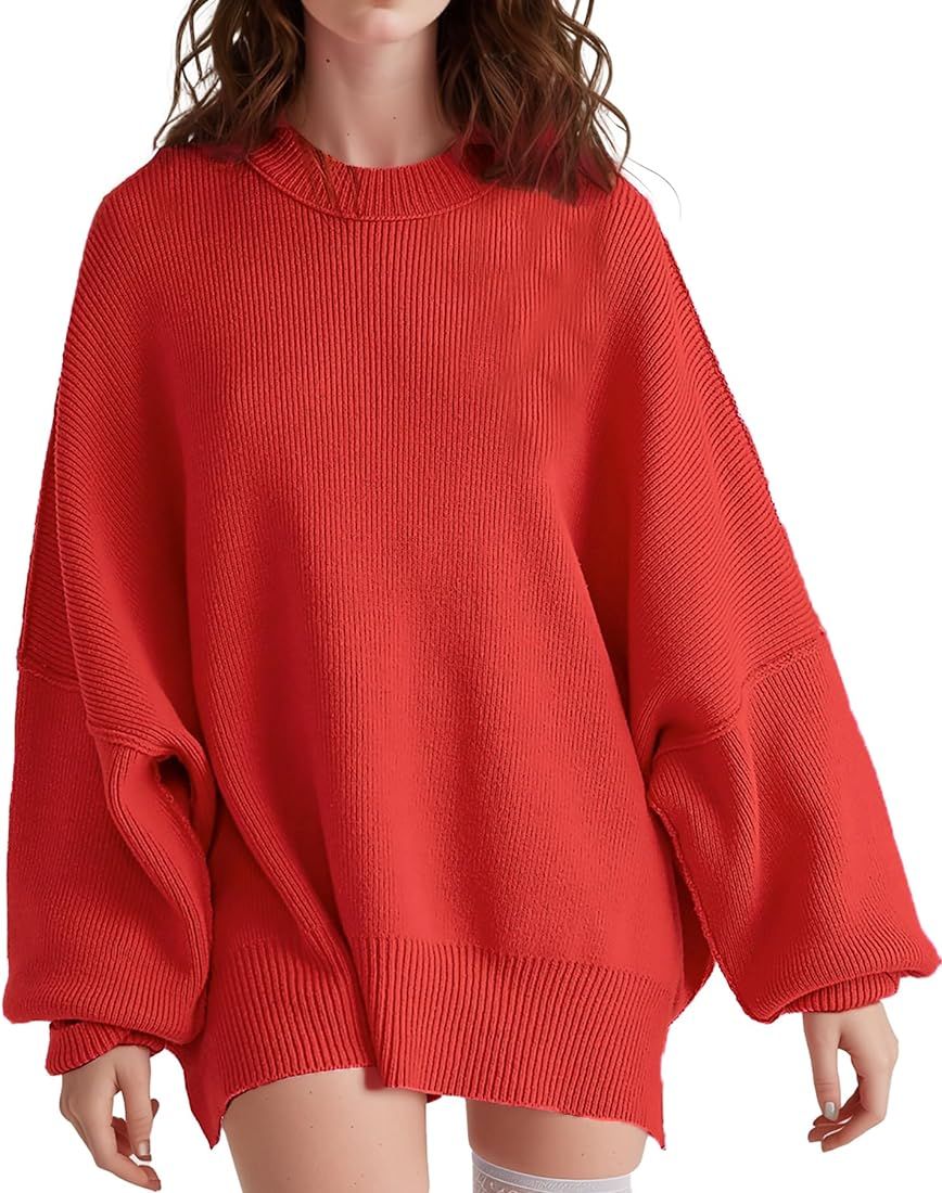 Comdify Womens Ovesized Cardigan Sweaters 2023 Fall Casual Long Sleeve Crew Neck Side Slit Pullov... | Amazon (US)
