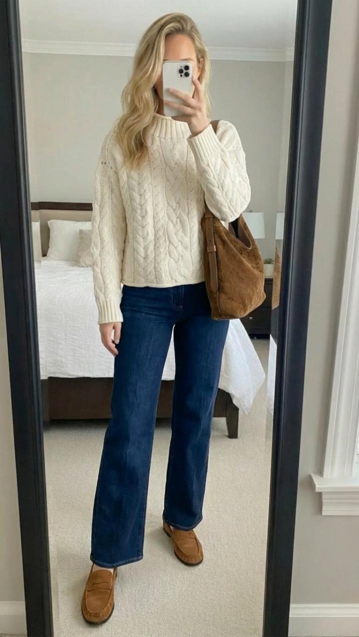 Classic fall outfit you’ll wear on repeat 🤎

This cream cable knit sweater is the definition of timeless — cozy texture, relaxed fit, and perfect for layering. Paired with dark wash straight leg jeans, brown suede loafers, and a neutral shoulder bag, this is an effortless everyday look that works for errands, coffee dates, school drop-off, or casual meetings.

If you’re searching for:
• fall outfit ideas
• classic mom outfits
• capsule wardrobe essentials
• neutral fall outfits
• cozy sweater outfits
• casual chic everyday style
• dark wash denim outfit ideas
• loafers outfit inspiration
• elevated casual looks
• timeless wardrobe staples

This is one of those combinations that never goes out of style.

Simple neutrals + great denim + classic accessories = effortless polish 🤍

#falloutfit #capsulewardrobe #classicstyle #neutraloutfit #cozysweater #momstyle #everydayoutfit #ltkstyle #timelessfashion #darkwashjeans #loafers #wardrobebasics #minimalstyle #casualchic #fallcapsule 

 