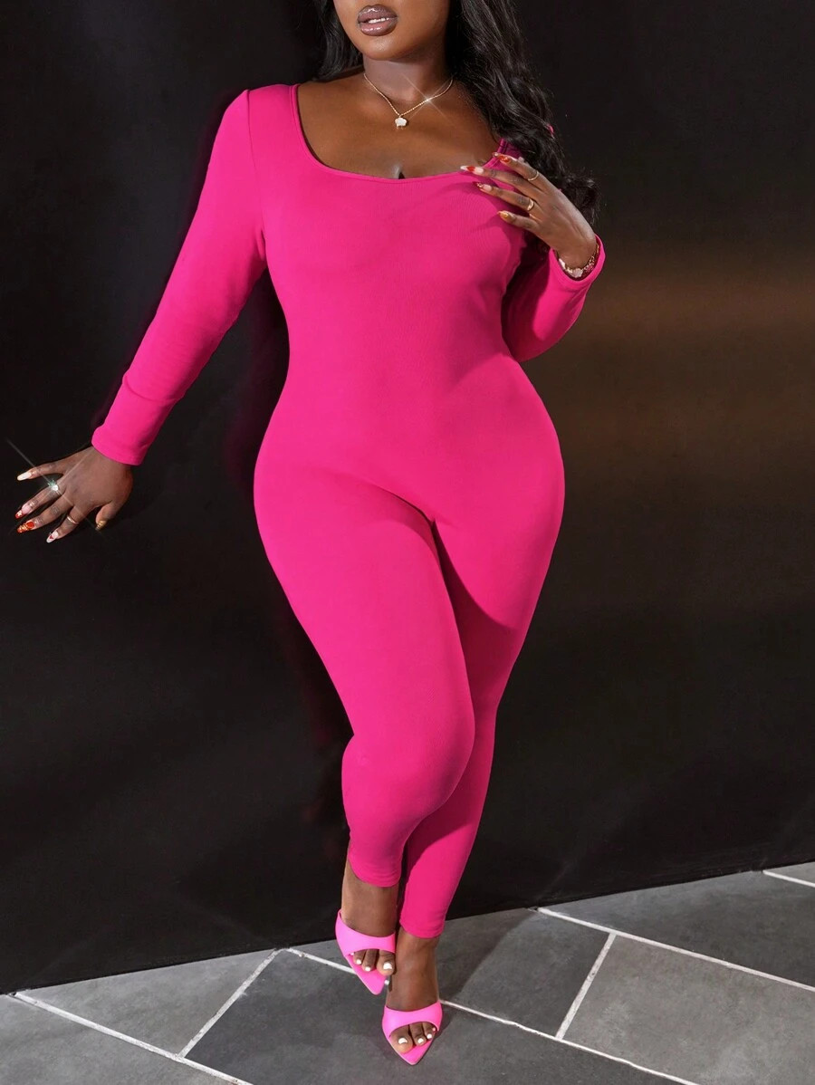 SHEIN Slayr Elegant Casual Everyday Basic Solid Black Slim Fit U-Neck Thickened Fleece Plus Size ... | SHEIN