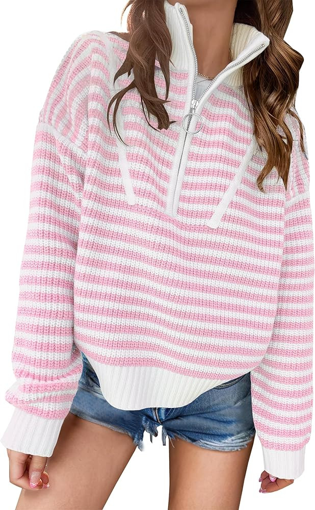 ANRABESS Sweaters for Women Striped Half Zip Long Sleeve Ribbed Knit Pullover Comfy Casual Lightw... | Amazon (US)