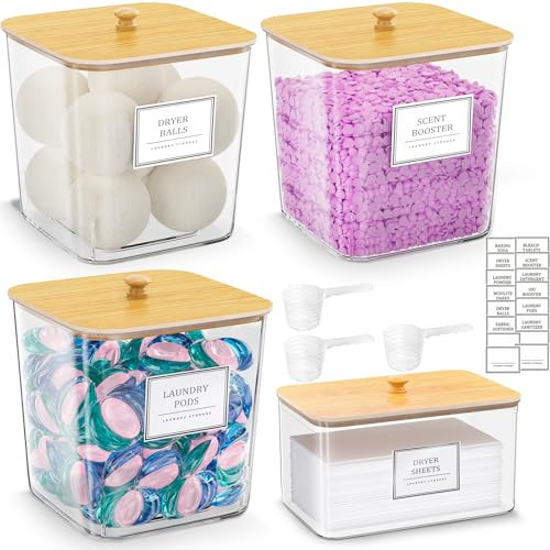 HomePekite Laundry Pods Storage Container, Clear Laundry Room Organization and Storage,Detergent Powder Container,with Wooden Lids & Labels, 3+1 Pack | Amazon (US)