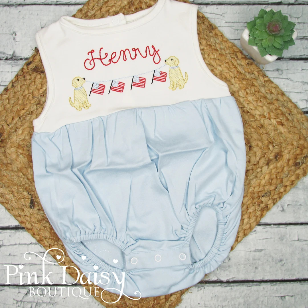 Boys 4th of July Bubble Romper Patriotic Sun Bubble Golden Retrievers Holding American Flags USA ... | Etsy (US)