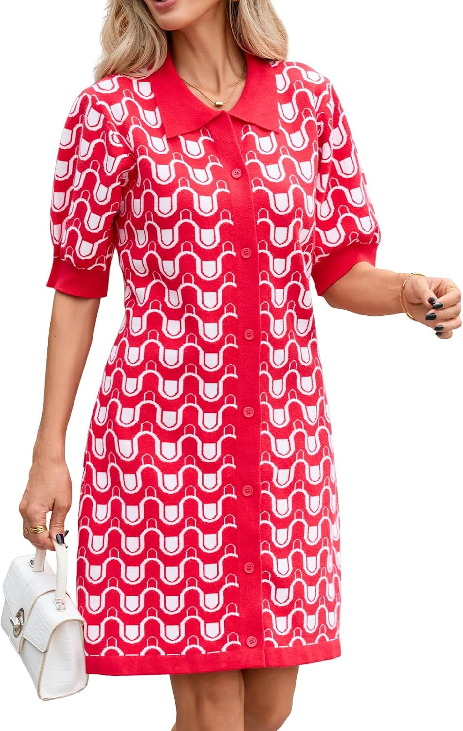 LifeShe Jacquard Knit Sweater Mini Dress Short Sleeve A-Line Tunic Dress | Amazon (US)