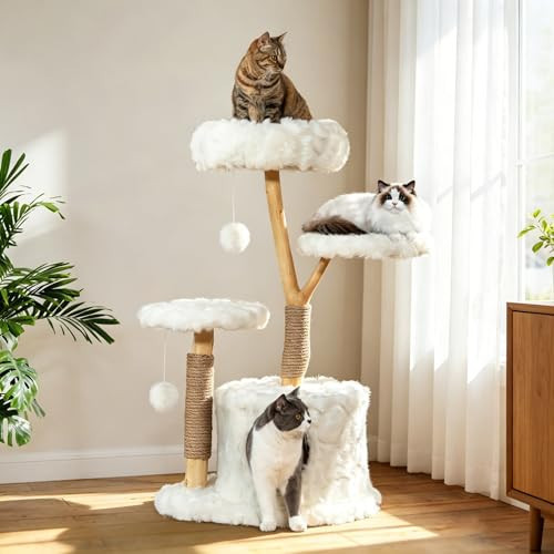 COZIWOW Modern Cat Tree Tower, Cloud Cat Tree with Solid Natural Wood Scratching Post, Luxury Condo & Perches, Aesthetic White Cat Furniture for Indoor Large Cats, 34" L X 17.7" W X 41.7" H | Amazon (US)