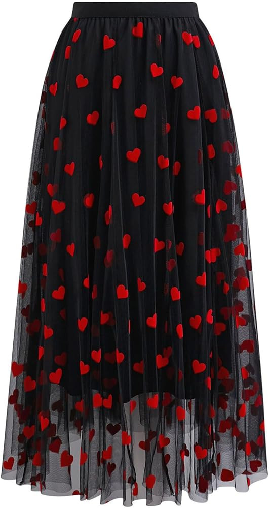 CHICWISH Women Valentines 3D Red Heart Print Mesh Tulle Midi Skirt Elastic High Waist A-Line Cute... | Amazon (US)