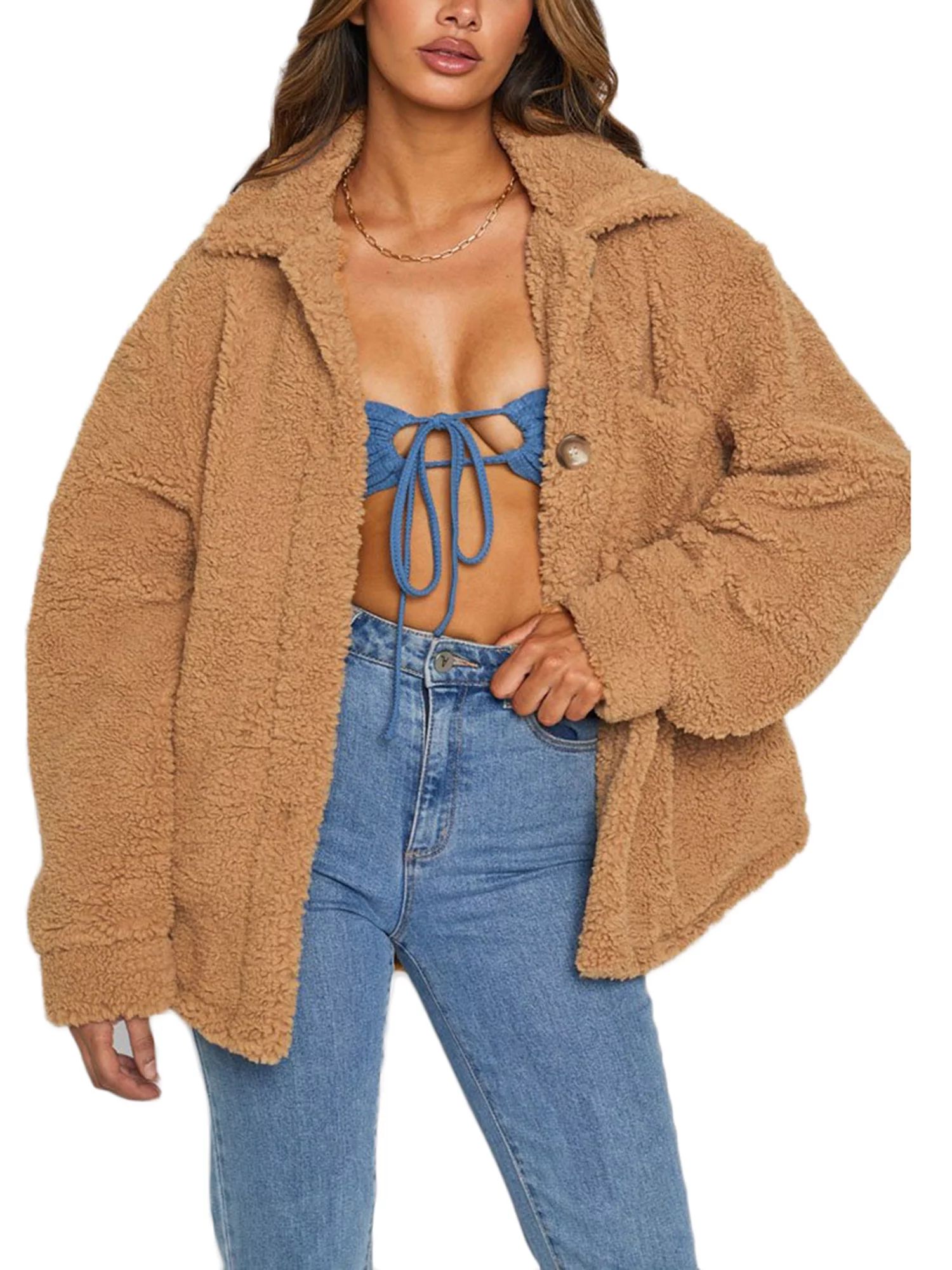 Listenwind Women Sherpa Fuzzy Fleece Jackets Winter Warm Long Sleeve Faux Fur Coat Button Down Ou... | Walmart (US)