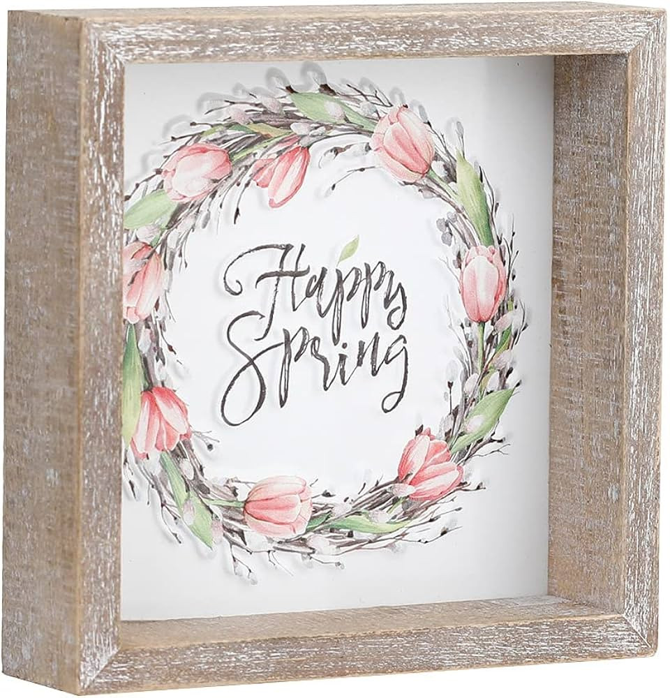 Spring Tiered Tray Decor, Happy Spring Block Sign Embossed Metal With Wood Frame - Shelf, Mantel,... | Amazon (US)