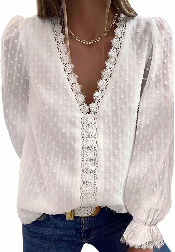 FARYSAYS Womens Long Sleeve White Lace Tops Chiffon Sheer Blouses V Neck Swiss Dot Tunic Elegant ... | Amazon (US)