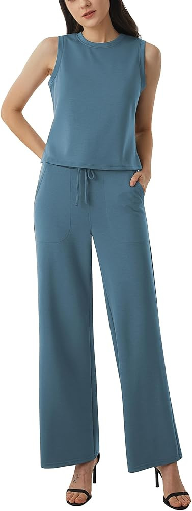 AFITNE Women's 2 Piece Outfits Air Essentials Sleeveless Tank Crop Top Wide Leg Sweatpants Lounge... | Amazon (US)